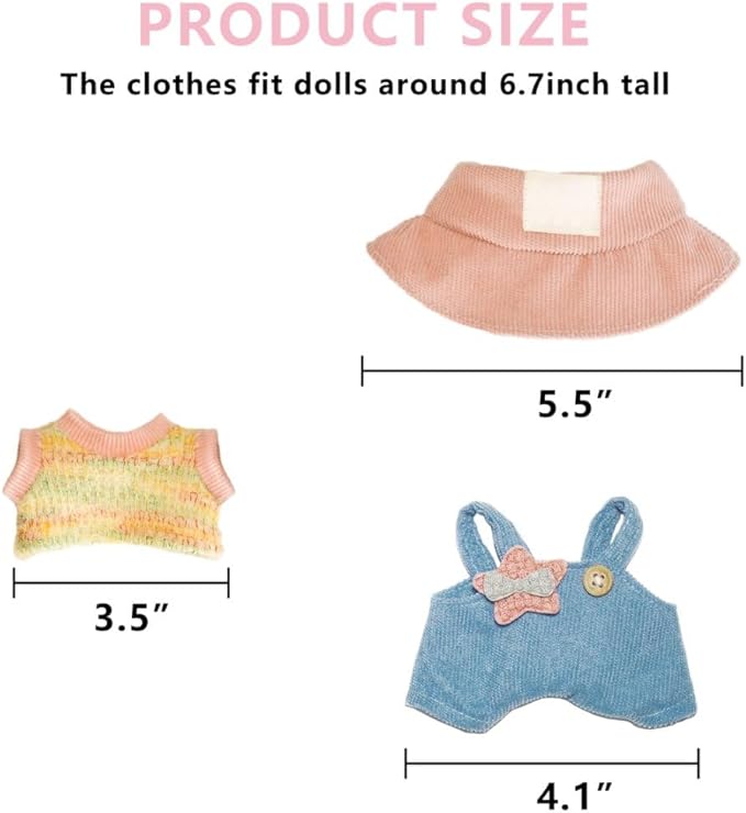 17cm Doll Clothes Outfits - Cozy Knit Top & Beanie Hat for Plush/Blind Box Collectibles (Blue Overalls)