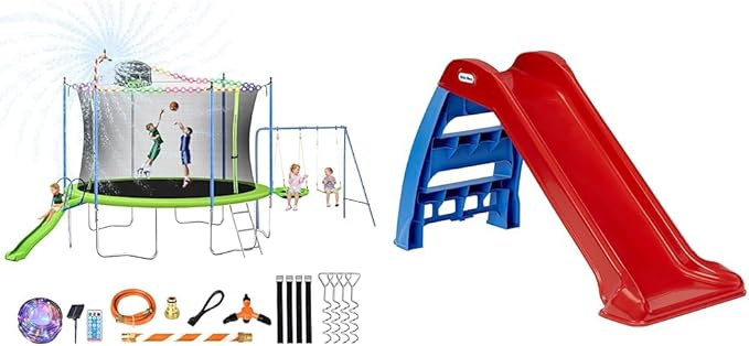 Lyromix 12-14FT Trampoline With Slide, Swings, Basketball Hoop and Ladder - ASTM Approved Outdoor Backyard Recreational Equipment With Net, Capacity for 5-7 Kids and Adults
