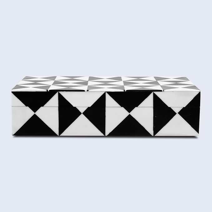 Handicrafts Home Decorative Storage Box with Lid, Black and White Decorative Remote Holder Box, Coffee Table Storage Box for Living Room, Console Table & Shelf Decor, Triangle - 10 x 6 x 2.5