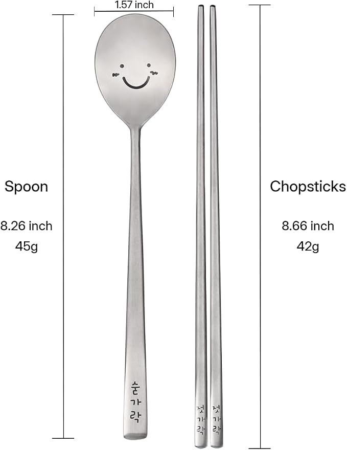 Korean Smile Spoon and Chopsticks Set, Stainless Steel, Hangul Engraved | Gift ready palace inspired box, made in Korea