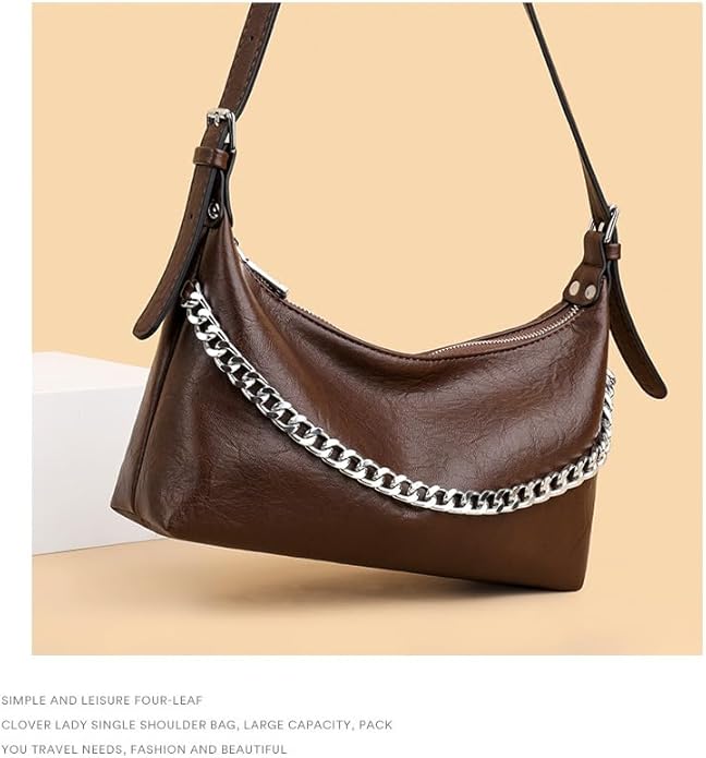 Women Shoulder Bag PU Leather Classic Trendy Purse with Adjustable Strap Chain Decoration