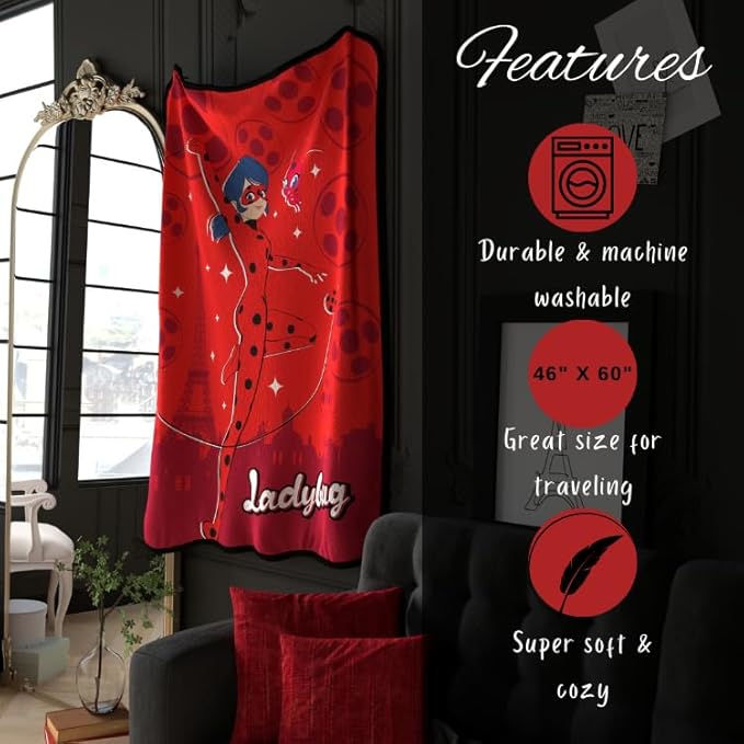 Miraculous: Tales of Ladybug and Cat Noir Kids Bedding Super Soft Micro Raschel Throw, 46 in x 60 in, (Officially Licensed Product) by Franco