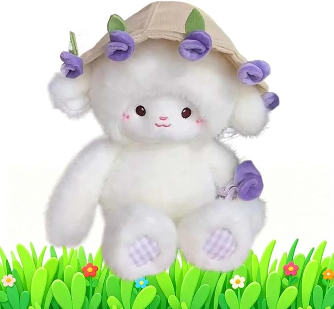 Baby Sheep Bouqet, Rose Bouquet Lamb Plush Toy, Hand Cute Stuffed Sheep with Flower, Emotional Support Animal Desk Decor, Soft Cuddly Pillow with Removable Hat (Purple,15.8 in)