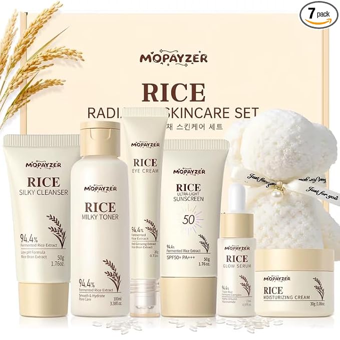 7PCS Rice Skincare Set Gift Box, Korean Skin Care Set for Women Teens Girls, Rice Cleanser Toner Serum Face Cream Eye Cream Sunscreen with Towel Bear Ornament, Hydrating Daily Face Care Kit