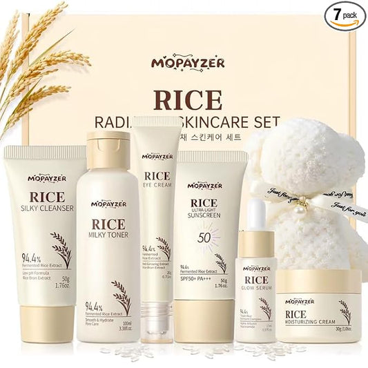 7PCS Rice Skincare Set Gift Box, Korean Skin Care Set for Women Teens Girls, Rice Cleanser Toner Serum Face Cream Eye Cream Sunscreen with Towel Bear Ornament, Hydrating Daily Face Care Kit
