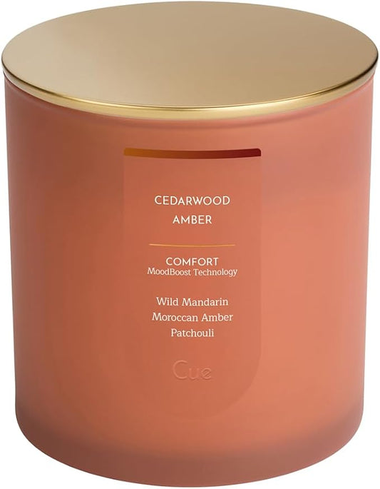 CUE Scented Candle |MoodBoost Essential Oils |OpenWick Clean Burning Candle | Soy Coconut Wax Blend | Candle for Home | Gift |Extended Burn Time (8.5oz, Cedarwood Amber)