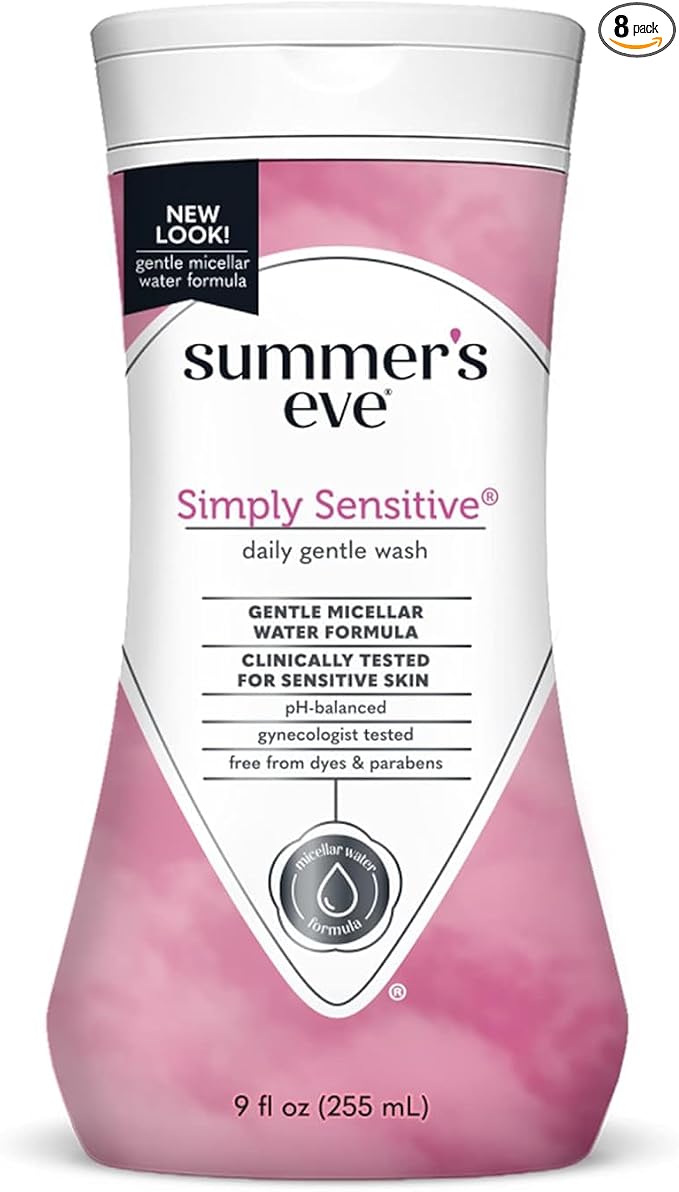 Summer’s Eve Simply Sensitive Feminine Cleansing Wash, Daily Gentle Intimate Wash, Removes Odor, pH Balanced, Hypoallergenic for Sensitive Skin, 9 Ounce (Pack of 8)