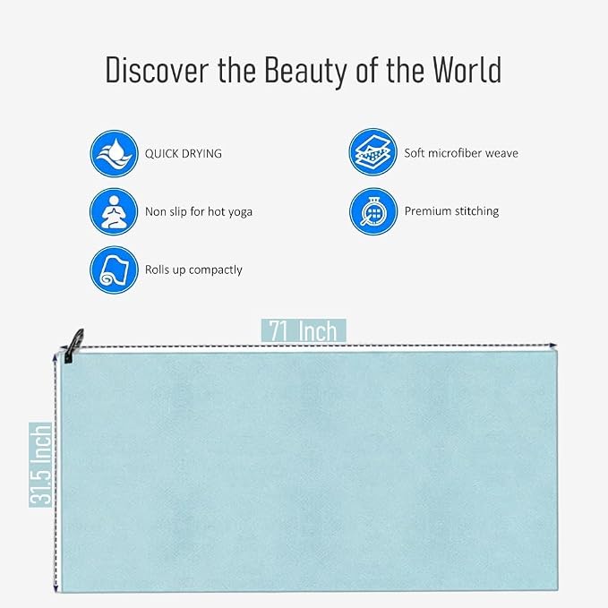 Hot Yoga Towel for Mat, Microfiber Yoga Mat Towel 71" x 31.5", Sweat Absorbent Quick Dry, Lightweight Gym Towel with Carry Bag for Yoga Pilates Workout(Lake Blue)
