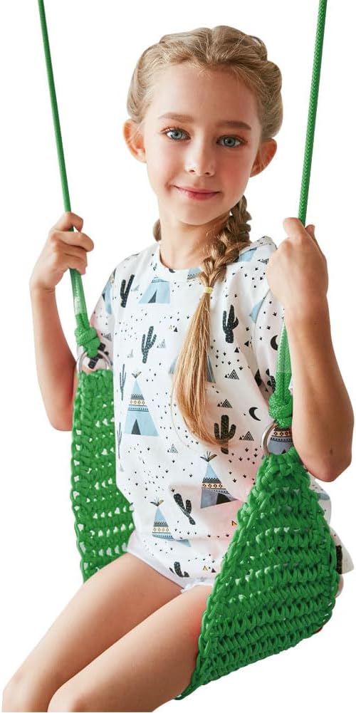 Hand-Knitting Kids Swing, Indoor Outdoor Portable Tree Swing Seat,Adjustable Ropes, with Hanging Strap and Snap Hook for Camping Hiking Backyard Playset and Playroom, Easy Install (Green)