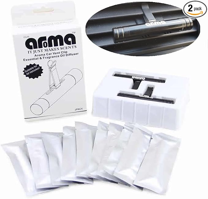 Our Aroma Cylindrical Car Diffuser Vent Clip for Essential Oil Aromatherapy or Car Fragrance Diffuser with Fragrance Oils - 2 Aluminum Diffuser & 10 Unscented Refill Sticks