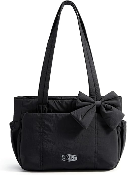 BAGSMART Crush Bow Tote Bag for Women, Puffer Travel Work Yoga Laptop Bag | Large Bow Tote Fits 40oz Tumbler, 15.6" Laptop, Yoga Mat Sleeve, Waterproof Pocket, Travel Work Swim Gym Mom Shoulder Handbag
