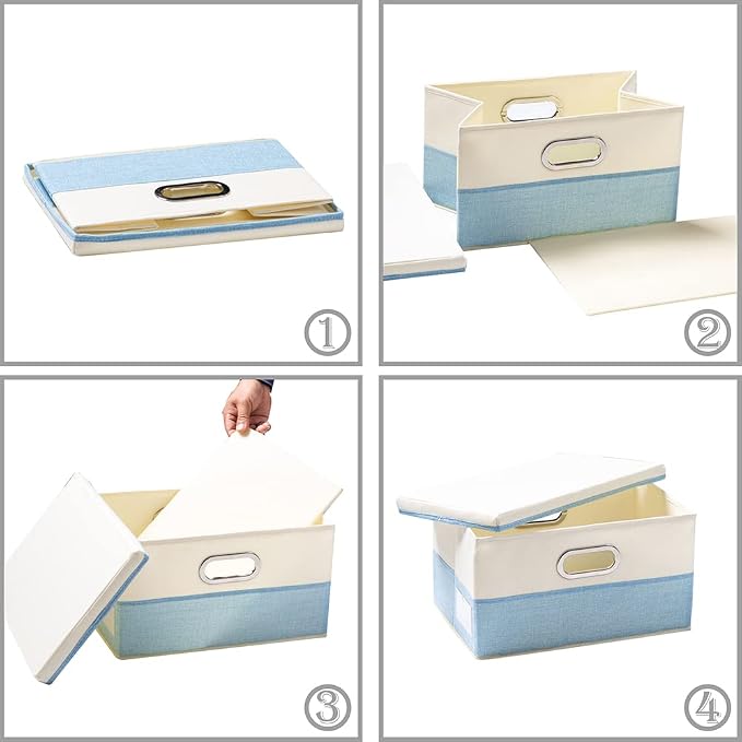 Large Foldable Storage Boxes with Lids [3-Pack] Fabric Collapsible Storage Bins Organizer Containers Baskets Cube with Cover for Home Bedroom Closet Office Nursery Blue&Cream(17.7x11.8x11.8)