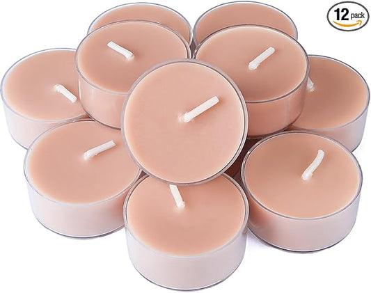 DEYBBY Natural Velvet Wood Scented Soy Wax Tealight Candles Bulk, Aromatherapy Luxury Tea Candle Set of 12-4 Hour Burning Great Gift