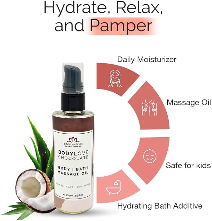 Chocolate BodyLove Massage Oil – 100% Food-Grade, Organic Hydrating Body Oil with Calendula – Non-GMO, Vegan, Gentle on Sensitive Skin – 3.5 oz