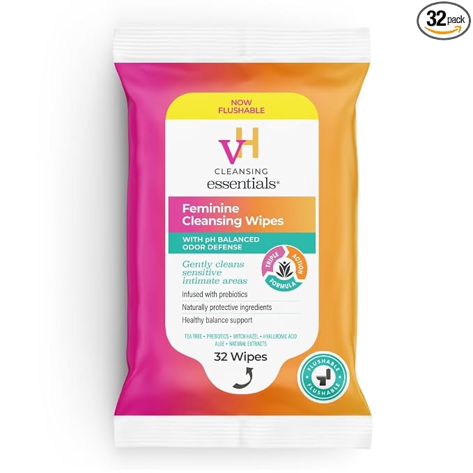 vH essentials Flushable Feminine Cleansing Wipes 32 ct. pH Balanced, Prebiotics, Tea Tree & Aloe, Soothing Witch Hazel, Odor-Blocking Formula, Paraben, Alcohol, and Fragrance-Free