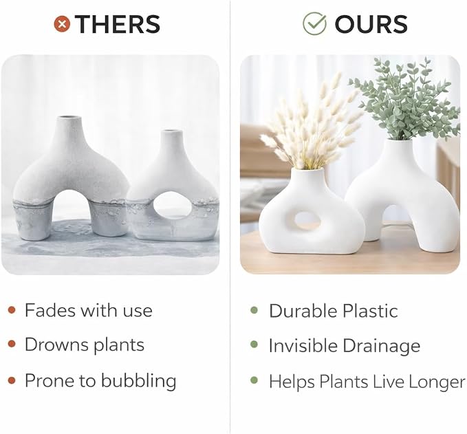 3D Printed Donut Vase Set of 2 – White Plastic Planter Vase with Drainage – Large Minimalist Nordic Hollow Design for Olive Tree, Modern Home Decor, Table, Console, Wedding (3D Printed in THE USA)