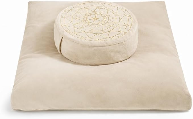 ellier Zafu & Zabuton Meditation Cushion Set - Buckwheat Hull & Memory Foam Pillows, Ergonomic Support for Yoga, Mindfulness - Organic Velvet Cover, Large Size, Durable Comfort (Khaki)