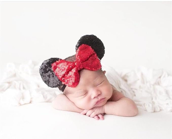 JIAHANG Mouse Ear Nylon Headband with Sequin Bow, Soft Elastic Hair Bow Hair Band, Party Headwear for Baby Newborn Infant Toddlers, kids, Gilrs Party Supplies