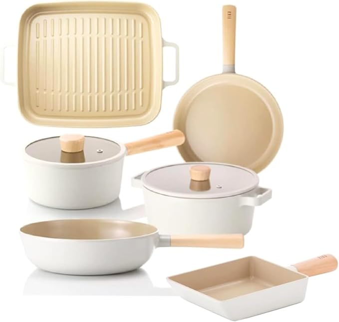 FIKA Kitchen Essential 8-Piece Cookware Set, Nonstick Ceramic Coating Pan, BBQ Grill, Pot with Lid, Induction, Made in Korea