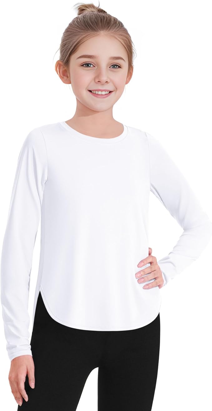 JOCMIC Girls Long Sleeve Shirts Kids Athletic Quick Dry UPF 50+ Sun Shirt Basic Tees for Gym Yoga Tops