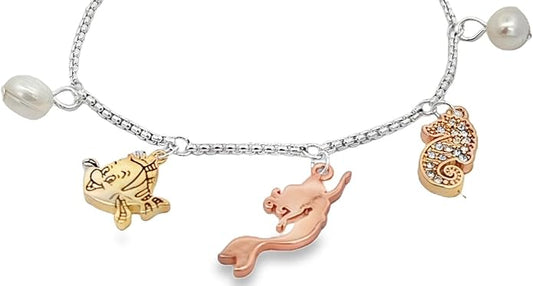 Disney The Little Mermaid Tri-Tone Bolo Pendant Bracelet Officially Licensed | Brass with Sterling Silver and Gold Plate | Pendant Bracelets