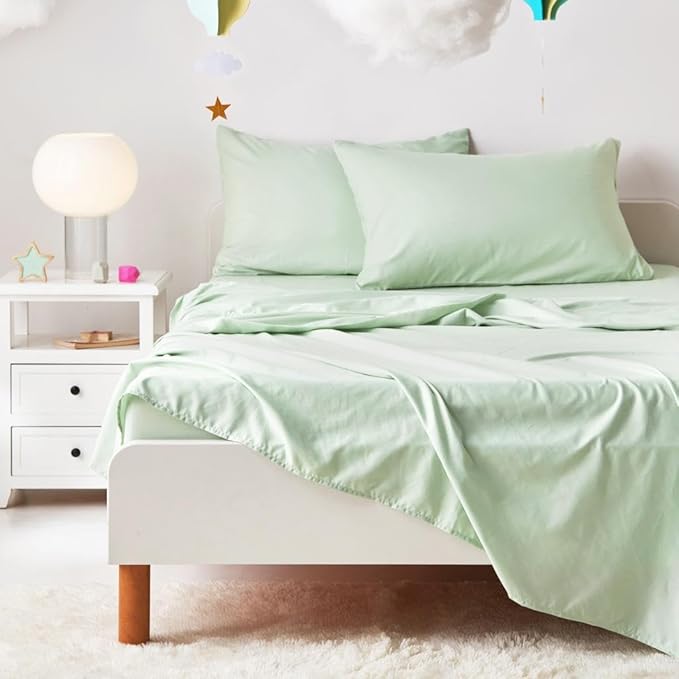 Wake In Cloud - Floral Bedding Set for Girls, Cute Colorful Botanical Flowers Deers Patterned Soft Lightweight Comforter Set with Sheets, 7 Pieces Kids Bed in a Bag, Green Cream, Full Size