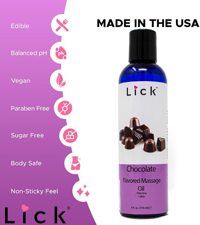 Lick Chocolate Flavored Massage Oil – Rich Dessert-Inspired Edible Massage Oil with Sweet Almond Oil & Vitamin E, Luxurious Glide for Romantic Couples Massage, 4 oz