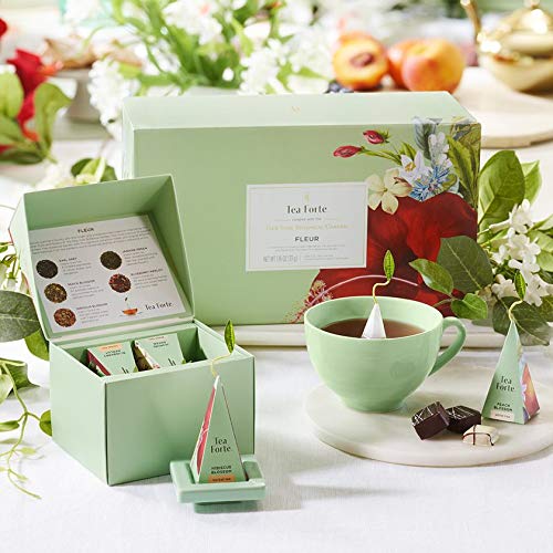 Tea Forte Gift Set with Cafe Cup, Tea Tray, Mini Presentation Box with 10 Handcrafted Pyramid Infuser Tea Bags, Fleur Tea