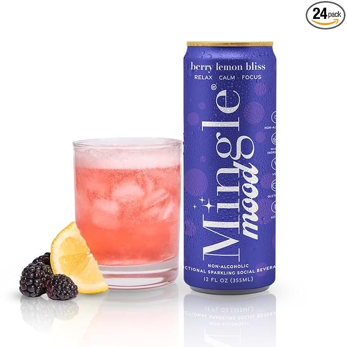 Mingle Mocktails Berry Lemon Bliss, Nootropic Non Alcoholic Drinks with Ashwagandha, L-Theanine, Lion's Mane, Adaptogens, Alcohol Alternative Pre-Mixed Mocktails, Gluten Free Vegan, 24 Pack 12 fl oz