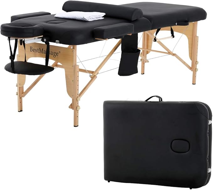 BestMassage Massage Bed Portable Massage Table 28 inch Wide Lash Bed Height Adjustable PU Leather 2 Folding with Towel Hanger Oil Pouch Half Bolster Round Bolster Non-Woven Bag