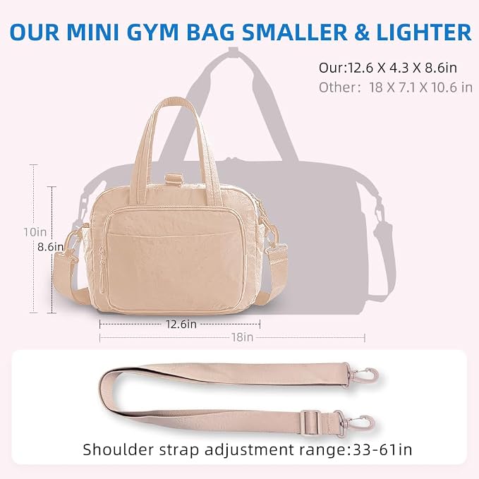 mini gym bag for women, travel duffel bag with wet pockets and Shoe Compartment,Lightweight carry on weekender duffel, water resistant,for sports,yoga,dance,khaki