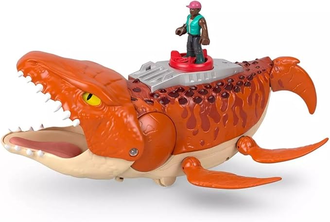 Fisher-Price Imaginext Jurassic World Rebirth Aquachomp Chase Mosasaurus 18-inch Dinosaur Toy with 3-inch Action Figure, Launcher Boat & 2 Projectiles