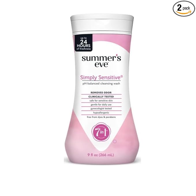 Summer's Eve Simply Sensitive Feminine Cleansing Wash, Sensitive Skin Daily Intimate Wash, Removes Odor, pH Balanced, Hypoallergenic, 9 Ounce (Pack of 2)