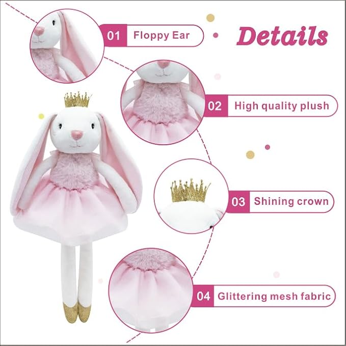 15.7" Easter Bunny Stuffed Animals, Princess Stuffed Bunny, Cute Plush Toy Rabbit Easter Decoration Birthday Gift for Boys and Girls, Pink