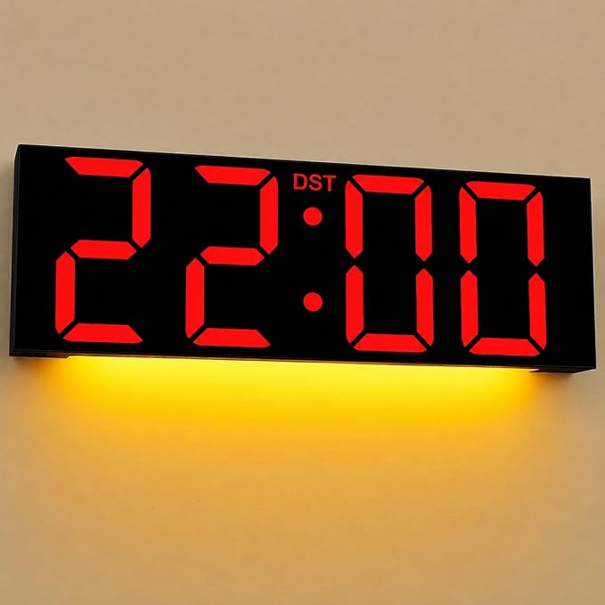 JALL 22" Large Digital Wall Clock, Big LED Display with Night Light, Auto Dimming & DST, Giant Alarm Clock for Seniors, Elderly Parents, Gift for Mom Dad (Red)