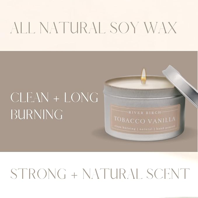 River Birch Candles Tobacco Vanilla Scented Candle | Premium, All-Natural, Non-Toxic, Soy Candles | 8 oz. Silver Tin Travel Candle | Cozy Relaxing Gifts for Home