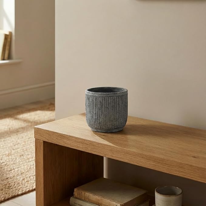 Etrus Small 6.4" Ceramic Vase – Handcrafted Vertical Ribbed Distressed Concrete Finish, 7" Wide – Indoor & Outdoor Modern Décor for Shelf, Desk & Table