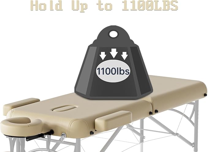 Professional Massage Table Portable 2 Fold Premium Memory Foam Aluminium Leg Hold Up to 1100LBS 8 Heights Adjustable with Carrying Bag Cream