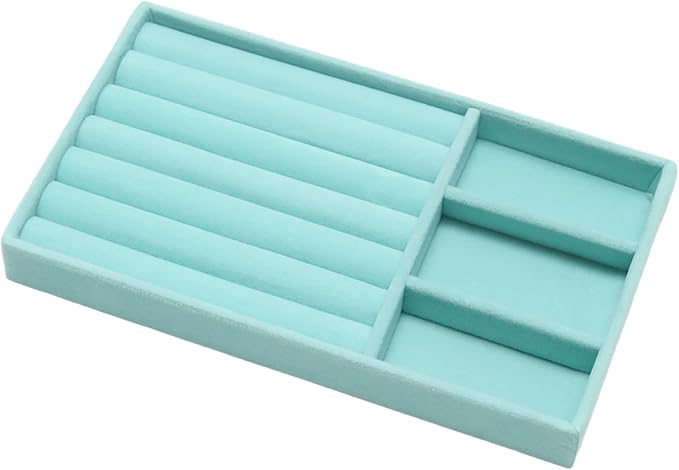 Velvet Jewelry Trays for Drawers, Blue 2-in-1 | Stackable Jewelry Drawer Organizer, Ring Earring Necklace Bracelet Holder Organizer Display Tray with Removable Dividers