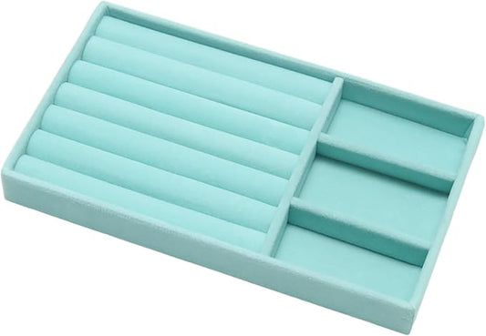 Velvet Jewelry Trays for Drawers, Blue 2-in-1 | Stackable Jewelry Drawer Organizer, Ring Earring Necklace Bracelet Holder Organizer Display Tray with Removable Dividers