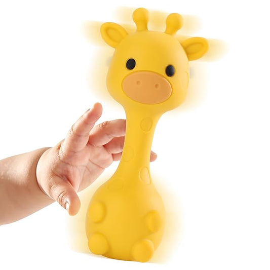 Giraffe Silicone Baby Teether Rattle Toy for 0-6 6-12 Months, BPA-Free Infant Teething Toy with Rattle Sound, Easy-Grip Design for Teething Relief (Mango)