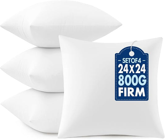 MIULEE 24x24 Euro Pillow Inserts 4 Pack, Throw Pillows for Couch Bed | 100% Virgin Filling, Decorative Pillows, Full and Fluffy, Lumbar, Back and Neck Support