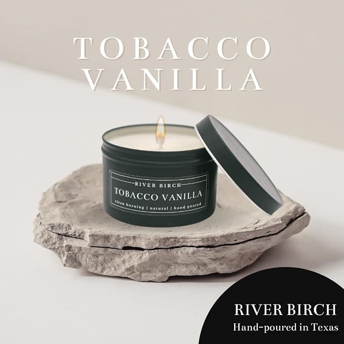 River Birch Candles Tobacco Vanilla Scented Candle | Premium, All-Natural, Non-Toxic, Soy Candles | 8 oz. Black Matte Tin Travel Candle | Cozy Relaxing Gifts for Home