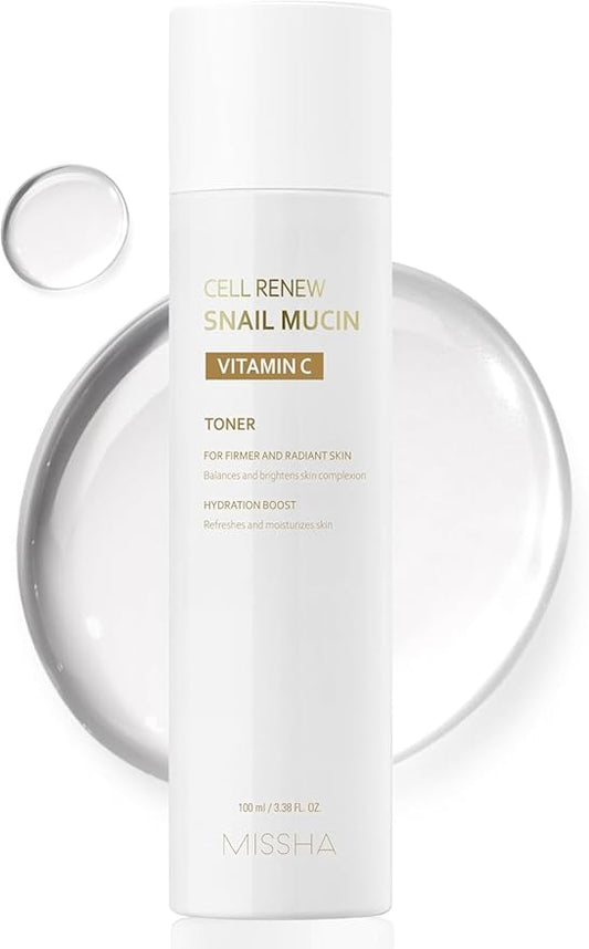 MISSHA Cell Renew Snail Mucin Vitamin C Toner 5.07 Fl oz - Korean Skincare Facial Toner for Glass Skin, 90% Snail Mucin Vita Complex, Deep Hydration, Improves Skin Texture, Paraben Free