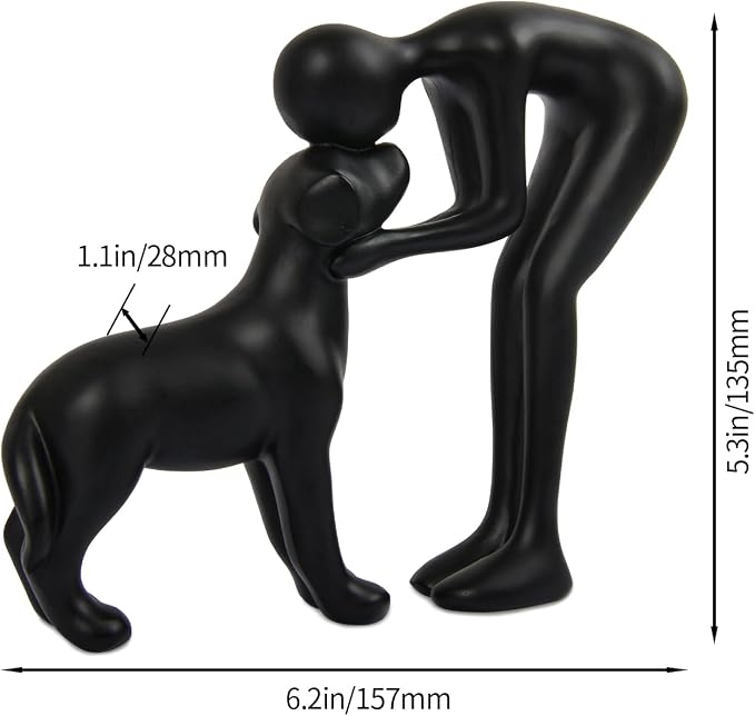 Abstract Person and Dog Sculpture Head-to-Head Figurine Black | abstract sculpture celebrating the bond between person and pet. Intimate head-to-head Touching memory keepsake for dog lovers