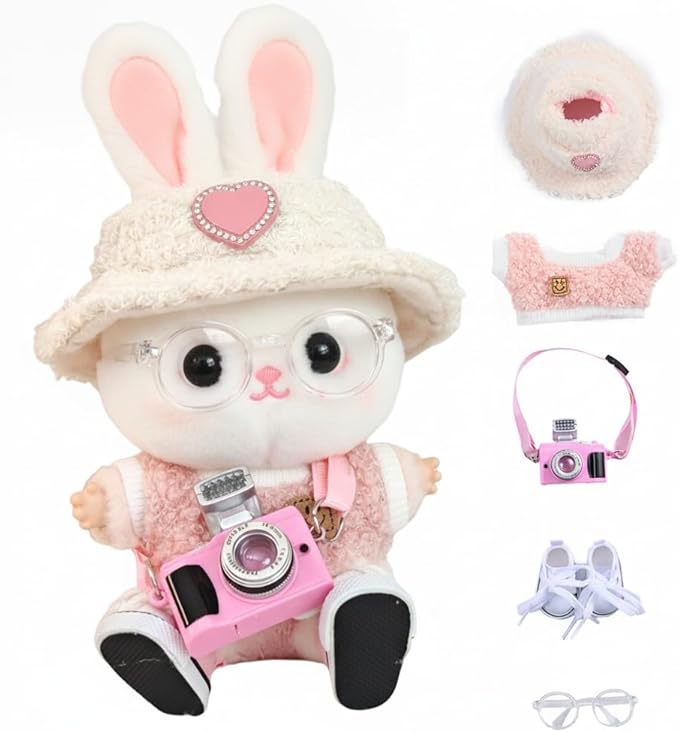 5 Set 17cm Doll Clothes -Clothes for Dolls Outfit - Accessories for 17cm Dolls Clothes +Light Pink Heart-Shaped Velvet hat + Small Camera + Glasses + Canvas Shoes, No Doll Included (Style B)