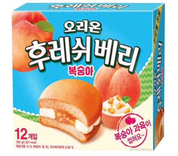 Korean Peach Cream Cake Snack, Soft Filled Sponge Cakes with Real Peach Pieces, Individually Wrapped, 11.85 oz (336g), 12 Pack, Sweet Dessert Snack I Orion