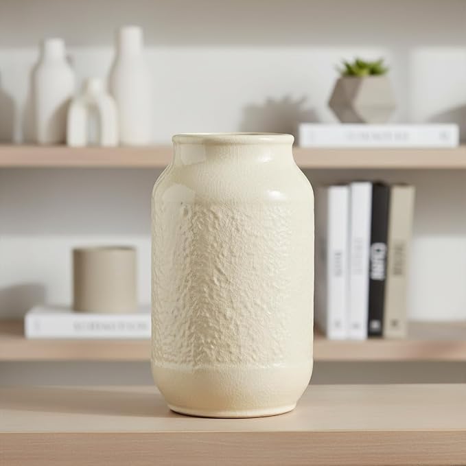 White Ceramic Vase for Flowers, 9 Inch Modern Decorative Vase for Home Decor, Centerpieces, Table, Living Room, Bathroom, Kitchen, Jarrones Decorativos para Sala