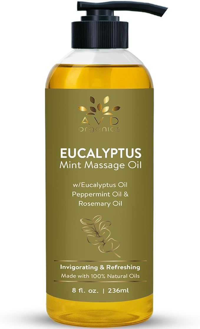 AVD Organics Eucalyptus Mint Massage Oil 236 ML | 100% Pure and Natural | Revitalizing & Cooling Aroma | Blended with Eucalyptus Sesame and Coconut Oil | for Both Men and Women | 8 fl oz