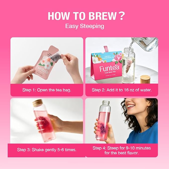 Funtea Cold Brew Flower Tea Bags, Caffeine Free Herbal Tea, Unsweetened Natural Floral Tea, Individually Wrapped, Refreshing Iced Tea for Daily Hydration, 10 Count(Pack of 1) (Assorted Flower Tea-10 Count)